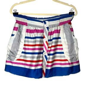 Nautical Blue Pink White Gray Stripe Button Front Patch Pockets Mini Skirt Small